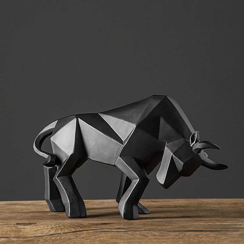 Geometric Charging Bull Resin Sculpture with Wooden Base
