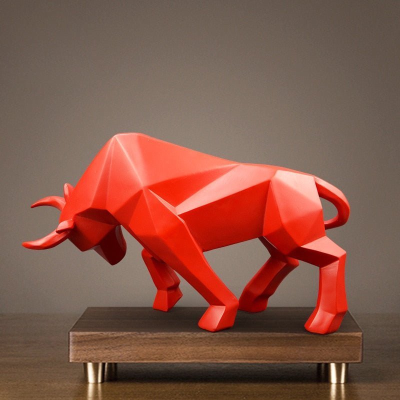 Geometric Charging Bull Resin Sculpture with Wooden Base