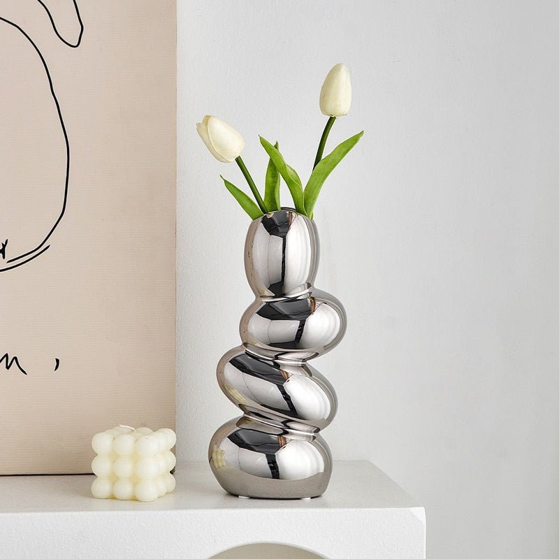Stacked Pebble Ceramic Decorative Vase with Sculptural Design