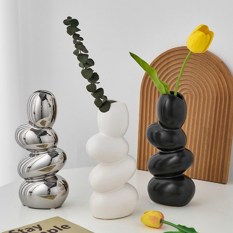 Stacked Pebble Ceramic Decorative Vase with Sculptural Design