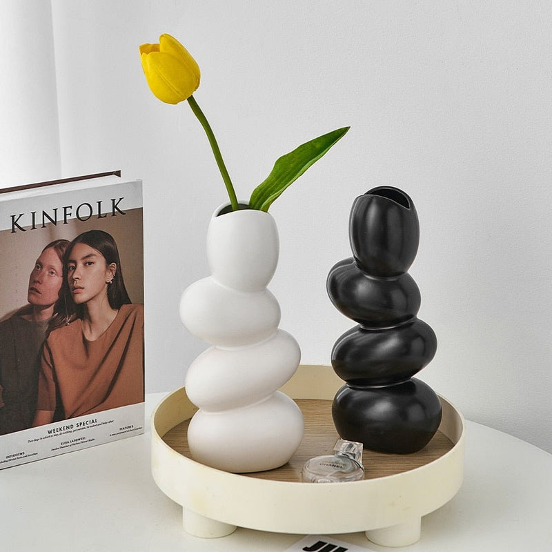 Stacked Pebble Ceramic Decorative Vase with Sculptural Design