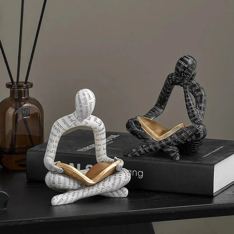 Abstract Reading Figure Resin Sculpture with Gold Book