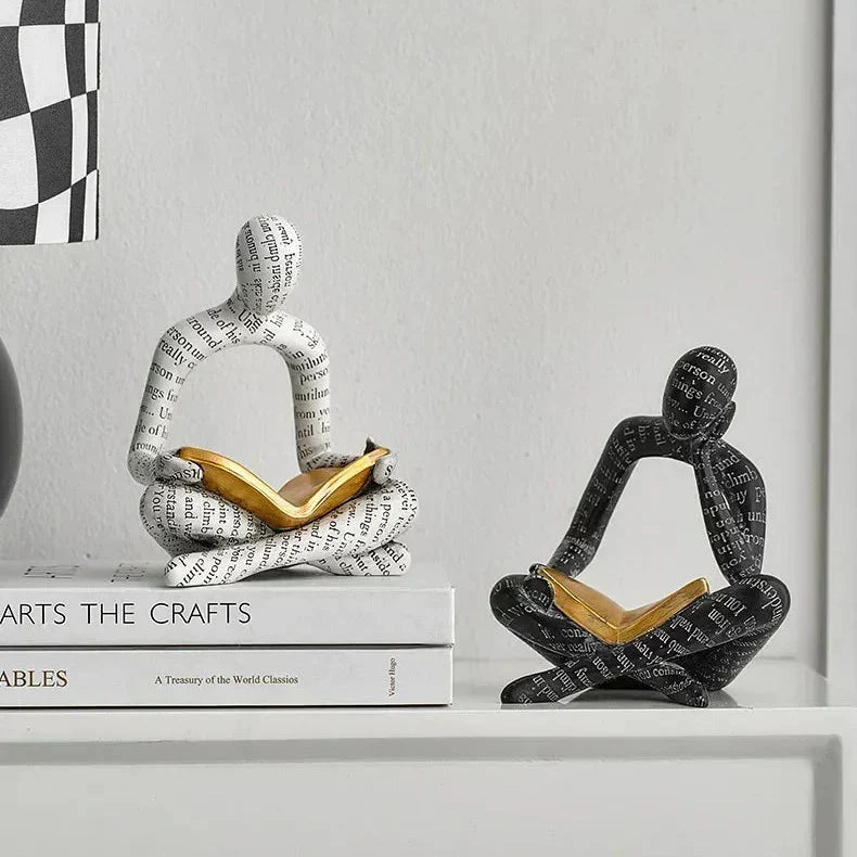 Abstract Reading Figure Resin Sculpture with Gold Book