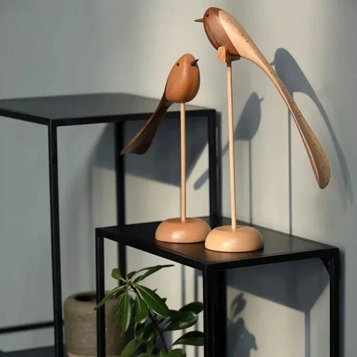 Carved Wooden Bird Sculpture with Long Sweeping Tail