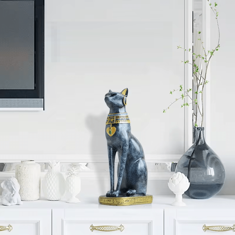 Egyptian Cat Resin Figurine with Gold Accent Details