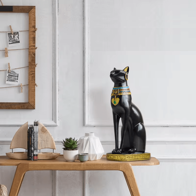 Egyptian Cat Resin Figurine with Gold Accent Details