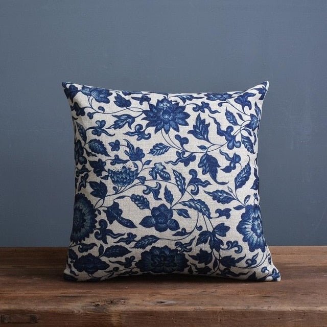 Blue Botanical Cushion Cover with Woven Linen-Cotton Finish