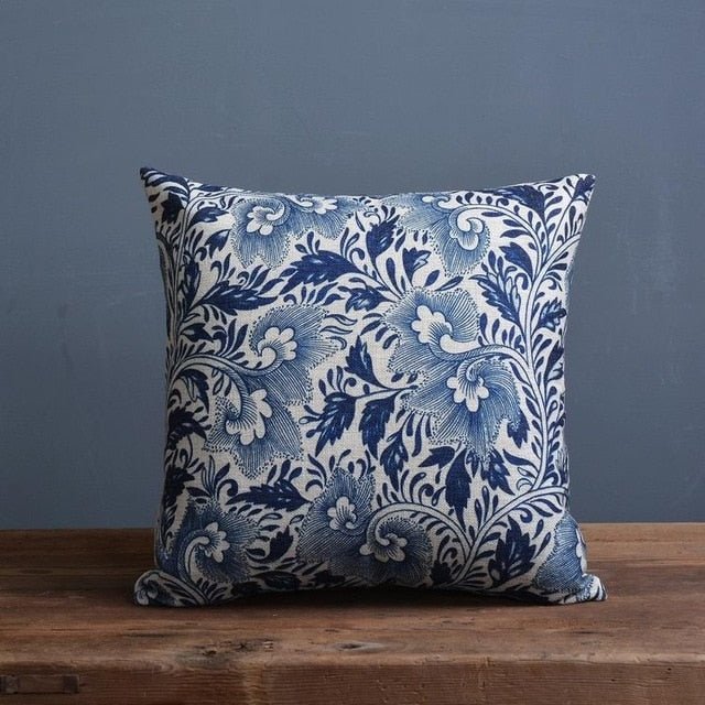 Blue Botanical Cushion Cover with Woven Linen-Cotton Finish
