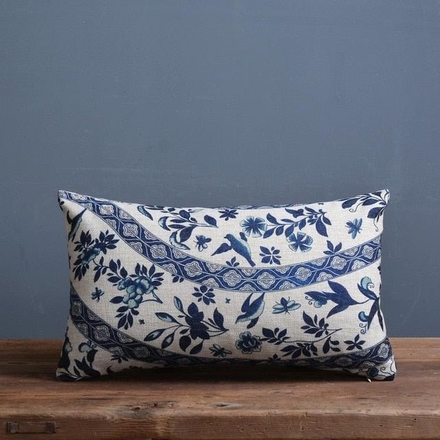 Blue Botanical Cushion Cover with Woven Linen-Cotton Finish