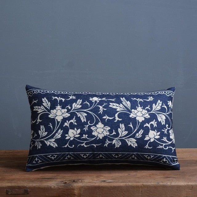 Blue Botanical Cushion Cover with Woven Linen-Cotton Finish