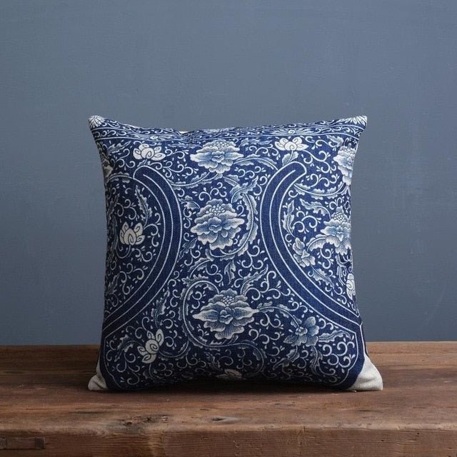 Blue Botanical Cushion Cover with Woven Linen-Cotton Finish