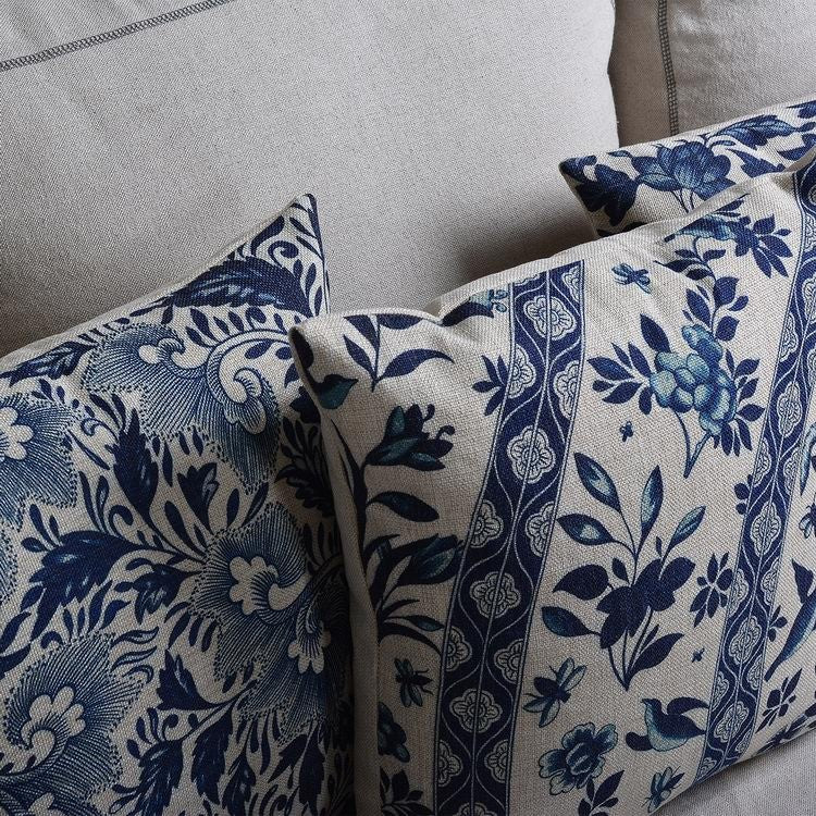 Blue Botanical Cushion Cover with Woven Linen-Cotton Finish