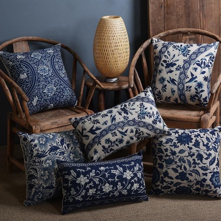 Blue Botanical Cushion Cover with Woven Linen-Cotton Finish