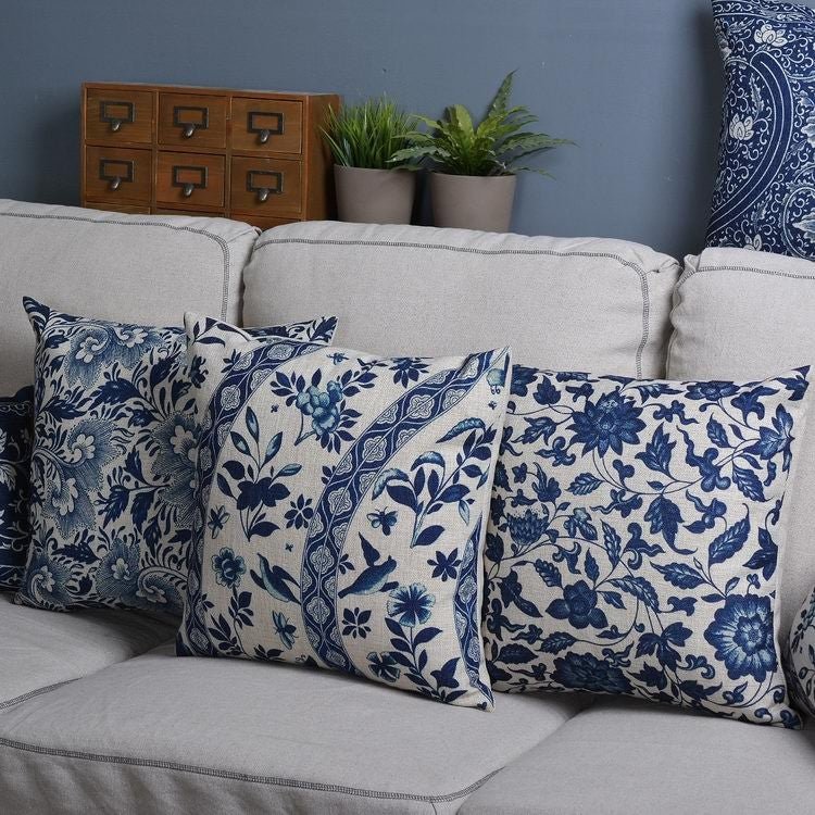 Blue Botanical Cushion Cover with Woven Linen-Cotton Finish