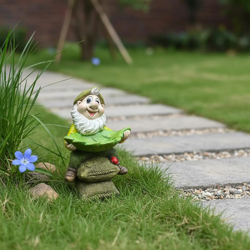 Decorative Garden Gnome with Leaf-Shaped Bird Feeding Bowl