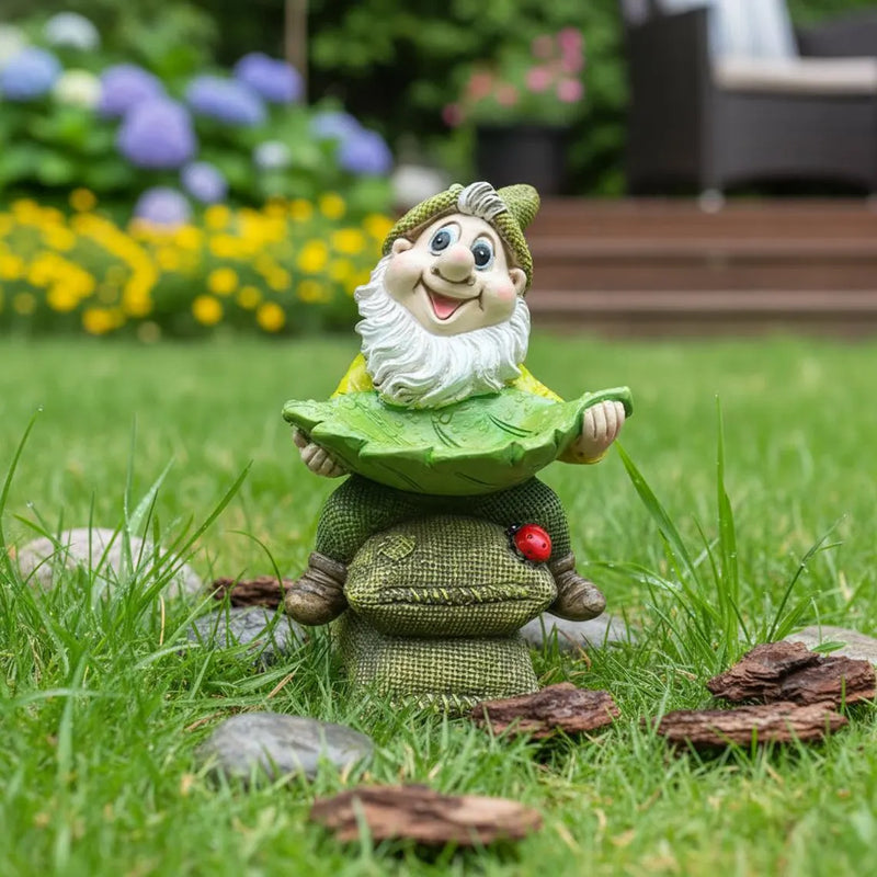 Decorative Garden Gnome with Leaf-Shaped Bird Feeding Bowl