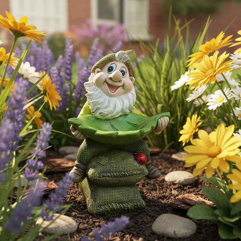 Decorative Garden Gnome with Leaf-Shaped Bird Feeding Bowl