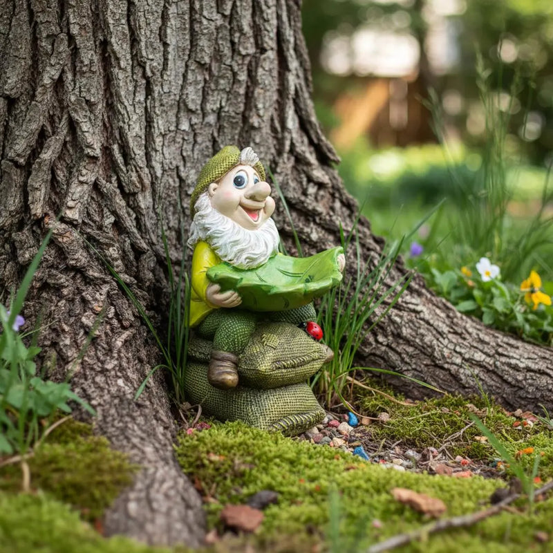 Decorative Garden Gnome with Leaf-Shaped Bird Feeding Bowl