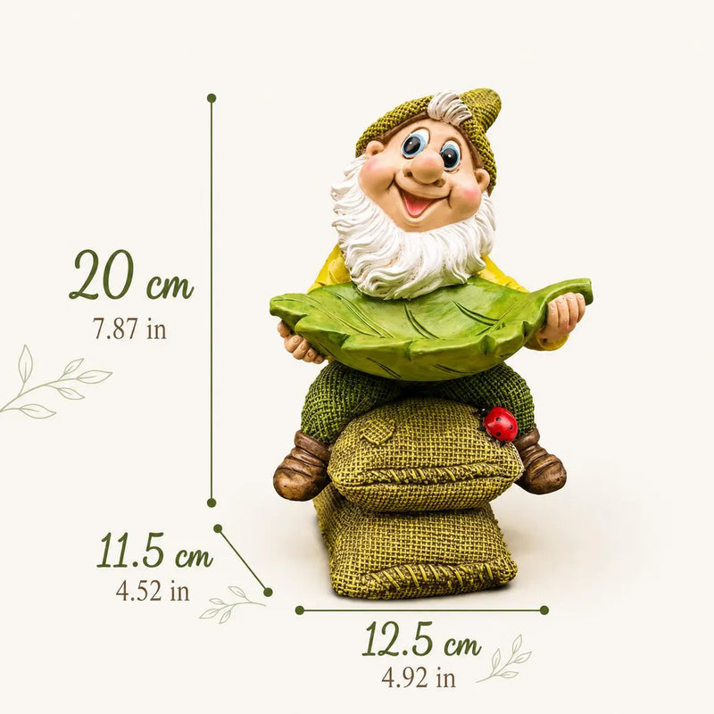 Decorative Garden Gnome with Leaf-Shaped Bird Feeding Bowl