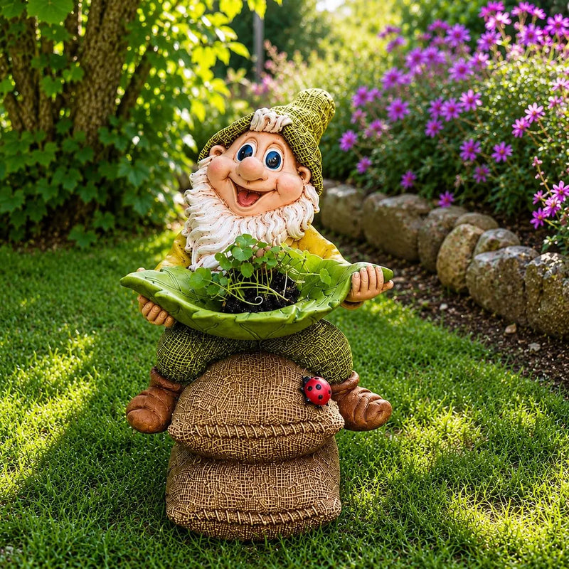 Decorative Garden Gnome with Leaf-Shaped Bird Feeding Bowl