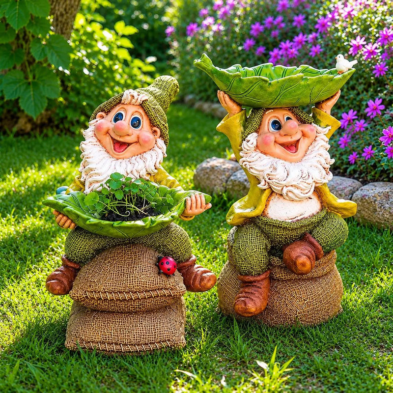 Decorative Garden Gnome with Leaf-Shaped Bird Feeding Bowl