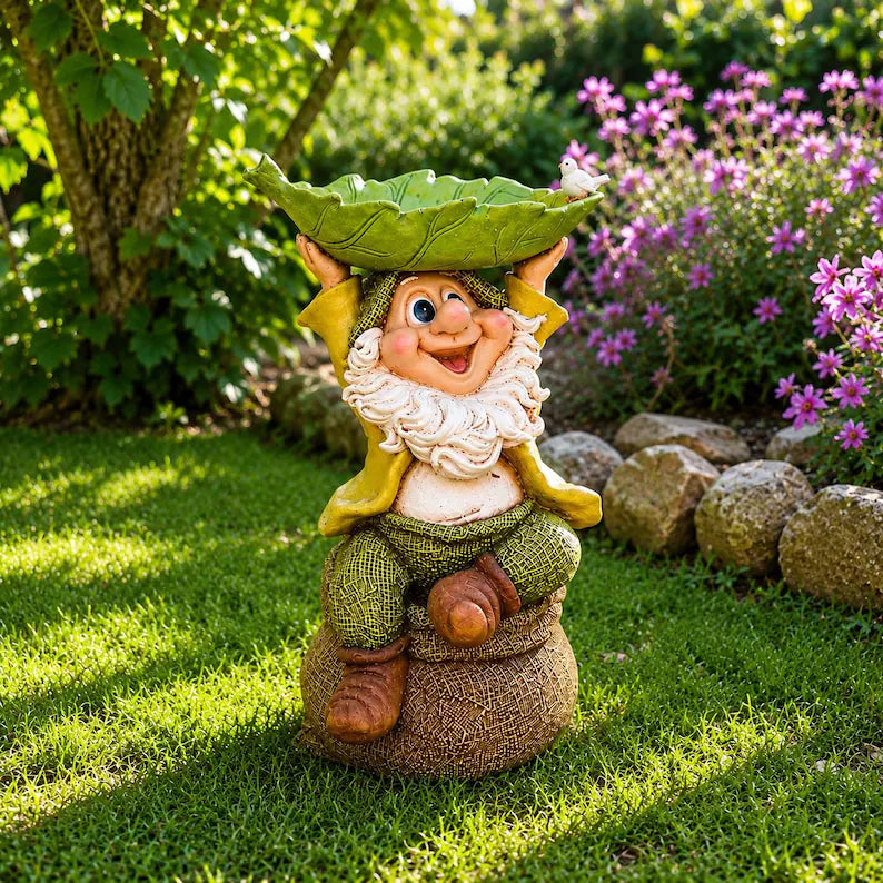 Decorative Garden Gnome with Leaf-Shaped Bird Feeding Bowl