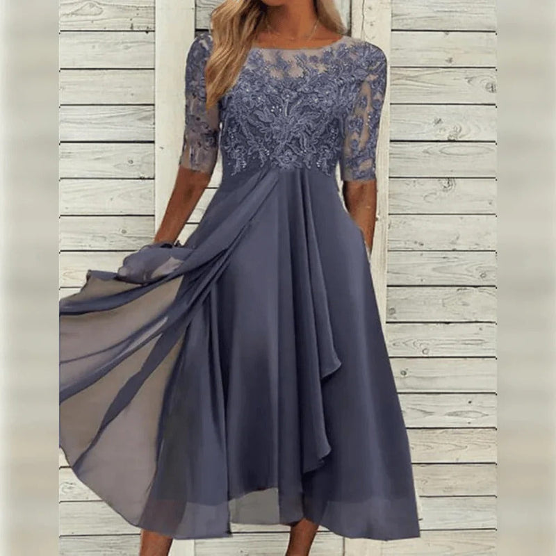 Elegant Midi Dress with Lace Detail and Flowing Skirt for Festive Occasions