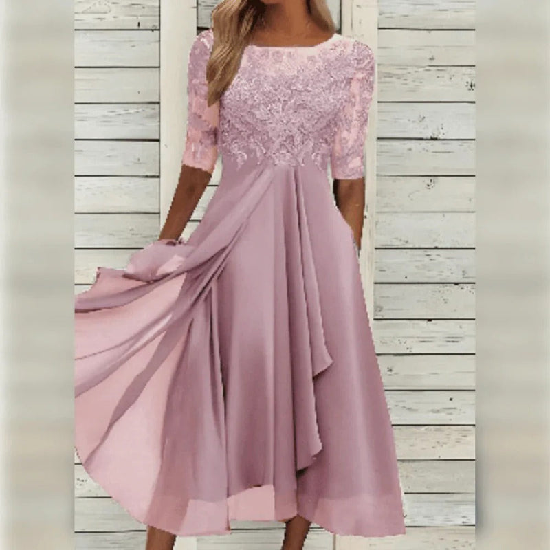 Elegant Midi Dress with Lace Detail and Flowing Skirt for Festive Occasions