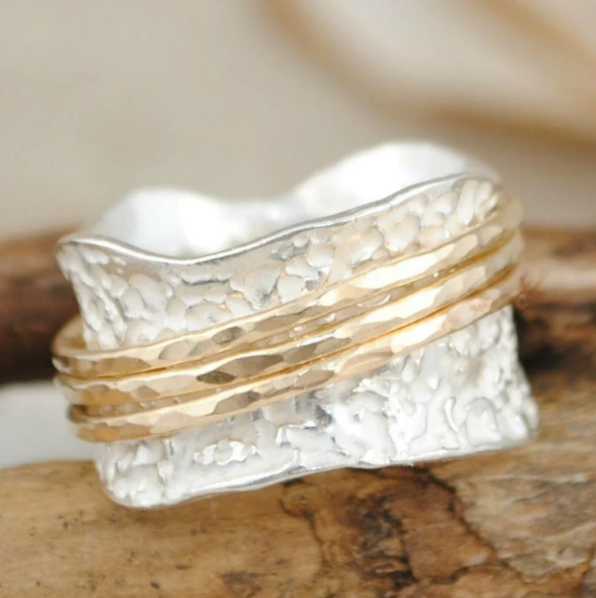 Spinner Ring with a Hammered Silver Band and Rotating Rings