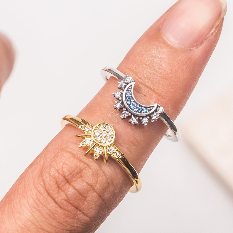 Two-Piece Sun and Moon Ring Set with Crystal-Style Details