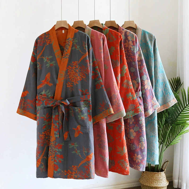 Women's Cotton Kimono Robe with Reversible Ginkgo Leaf Design