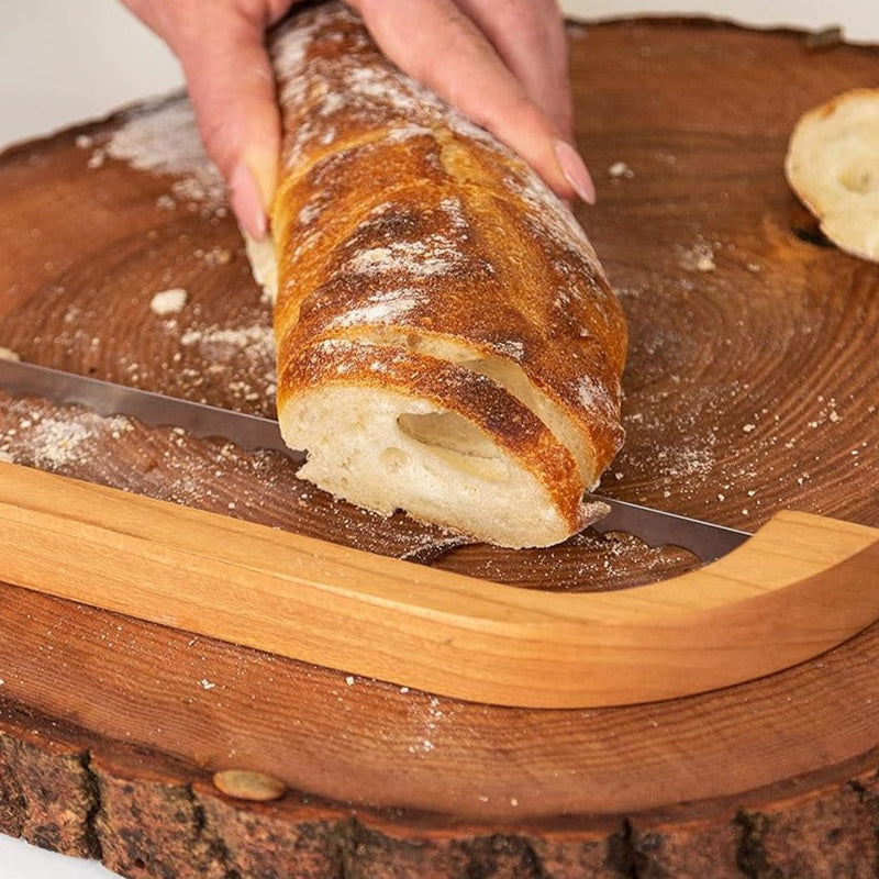 Curved Wooden Bread Knife with Serrated Blade for Even Slices