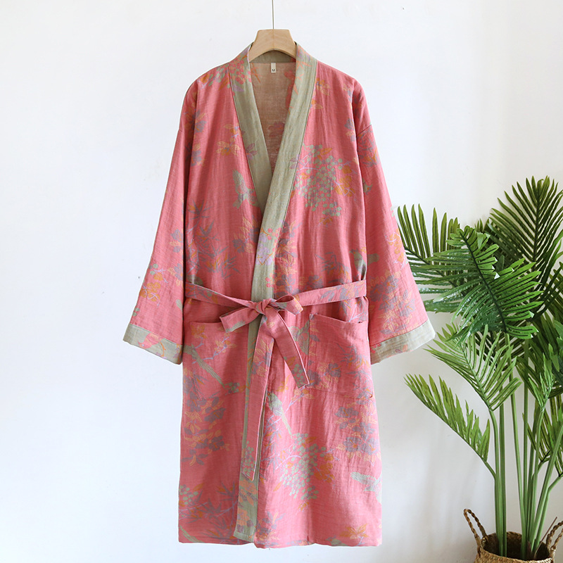 Women's Cotton Kimono Robe with Reversible Ginkgo Leaf Design