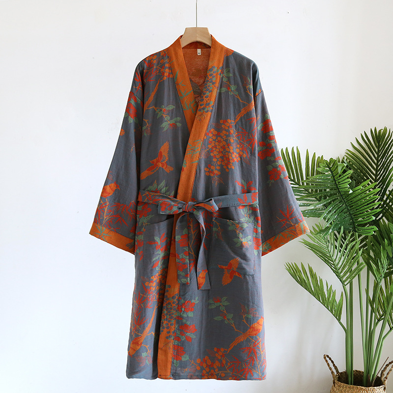 Women's Cotton Kimono Robe with Reversible Ginkgo Leaf Design