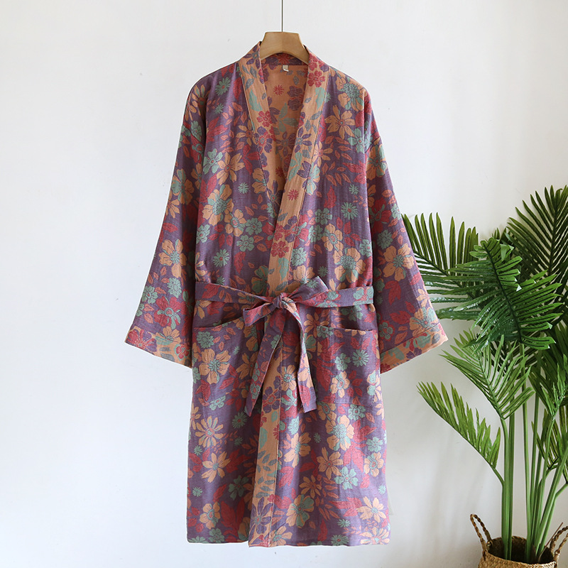 Women's Cotton Kimono Robe with Reversible Ginkgo Leaf Design