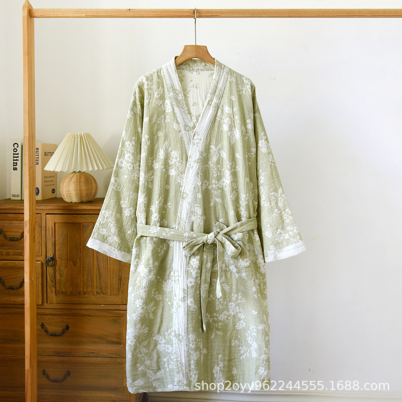 Women's Cotton Kimono Robe with Reversible Ginkgo Leaf Design
