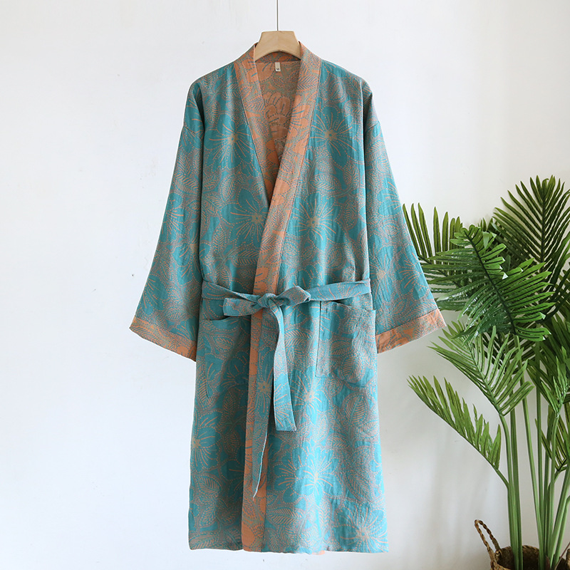 Women's Cotton Kimono Robe with Reversible Ginkgo Leaf Design