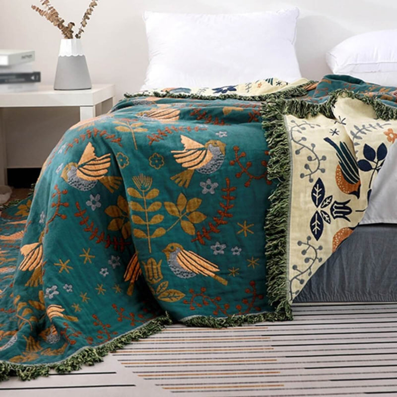 Reversible Cotton Throw with Scandinavian Bird and Floral Design