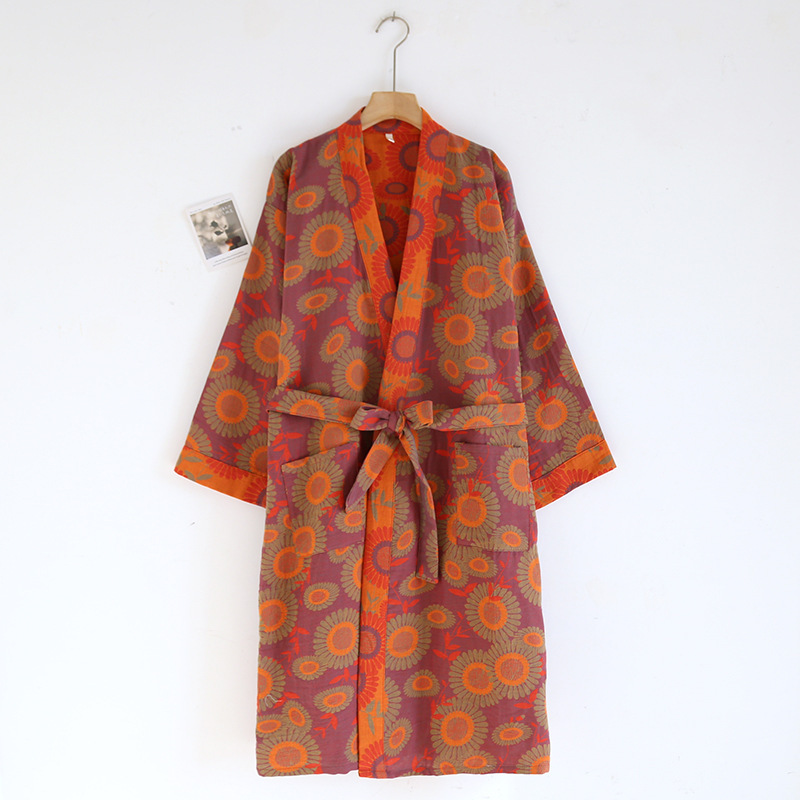 Women's Cotton Kimono Robe with Reversible Ginkgo Leaf Design