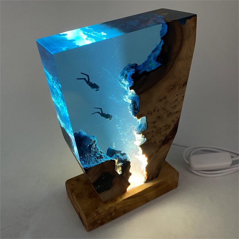 Wood and Resin Diving Scene Lamp with Integrated LED Lighting