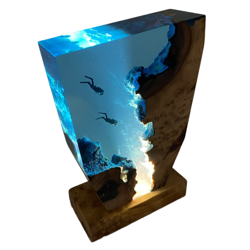 Wood and Resin Diving Scene Lamp with Integrated LED Lighting