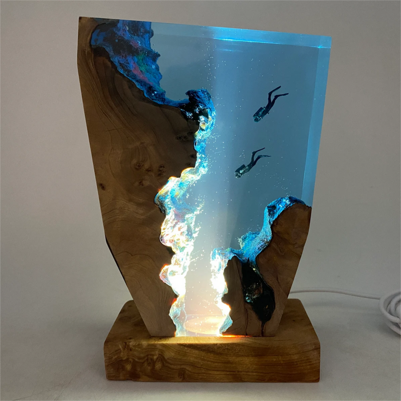 Wood and Resin Diving Scene Lamp with Integrated LED Lighting