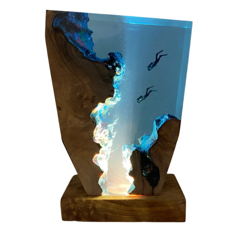Wood and Resin Diving Scene Lamp with Integrated LED Lighting