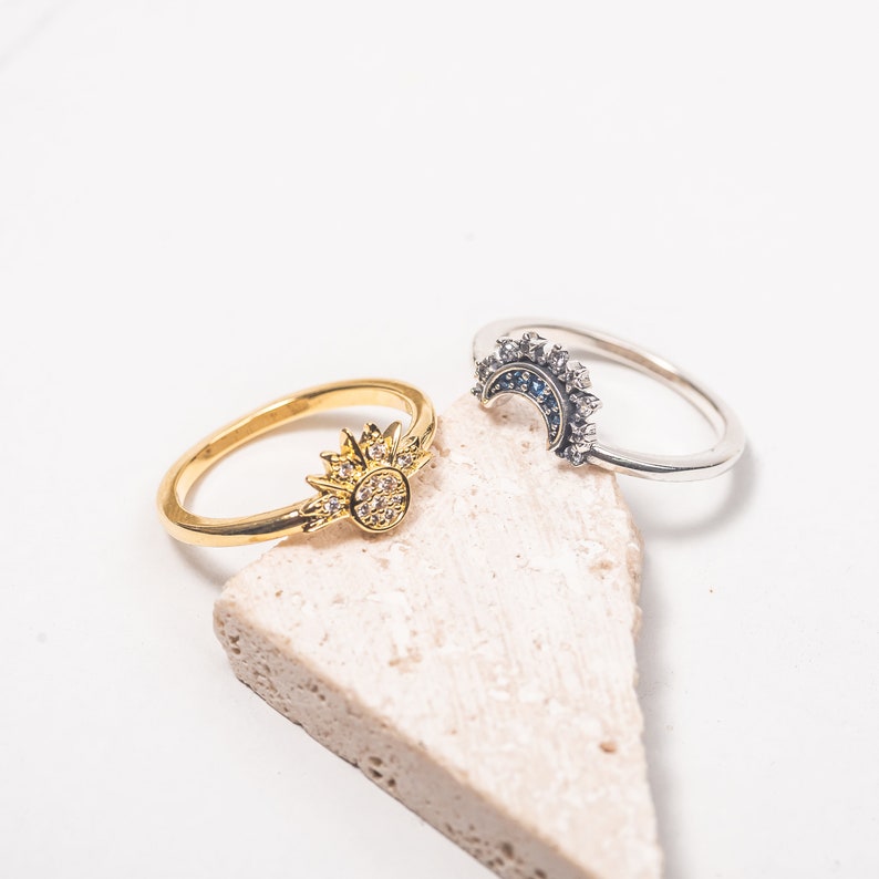 Two-Piece Sun and Moon Ring Set with Crystal-Style Details