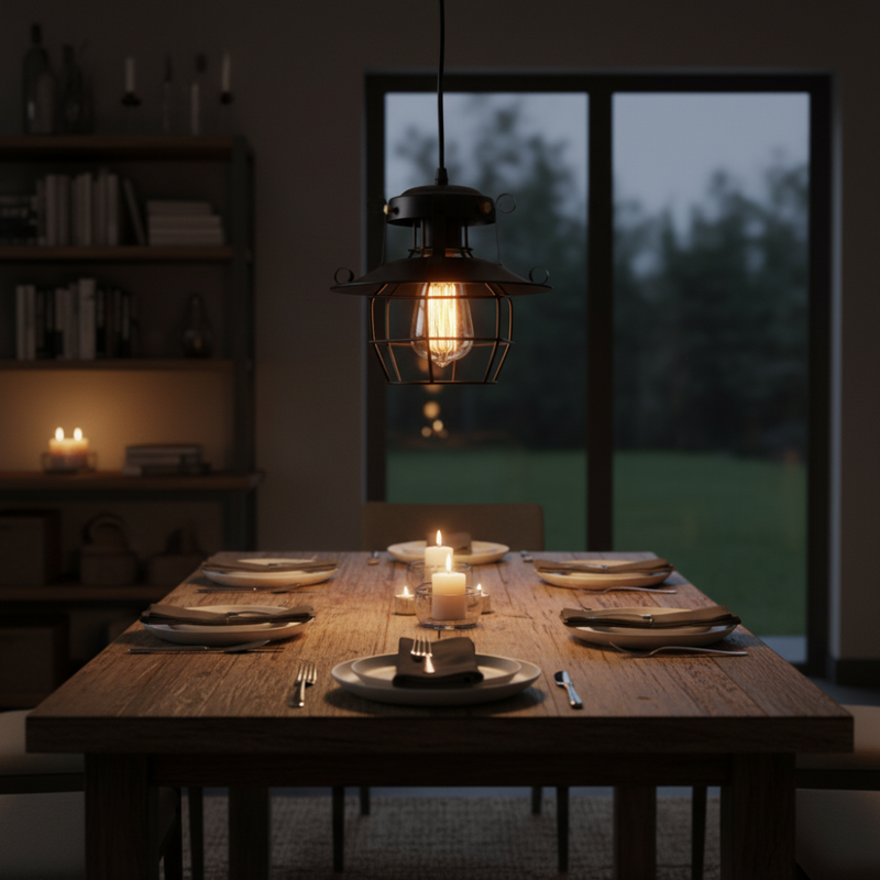Industrial Pendant Light with Metal Cage and Adjustable Cable for Interiors