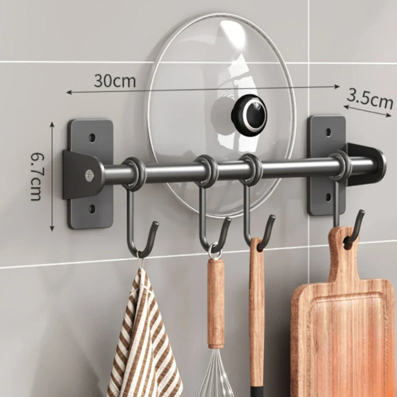 Wall-Mounted Kitchen Utensil and Lid Rack with Sliding Hooks