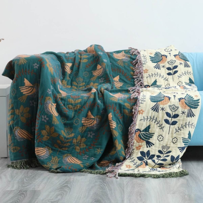 Reversible Cotton Throw with Scandinavian Bird and Floral Design