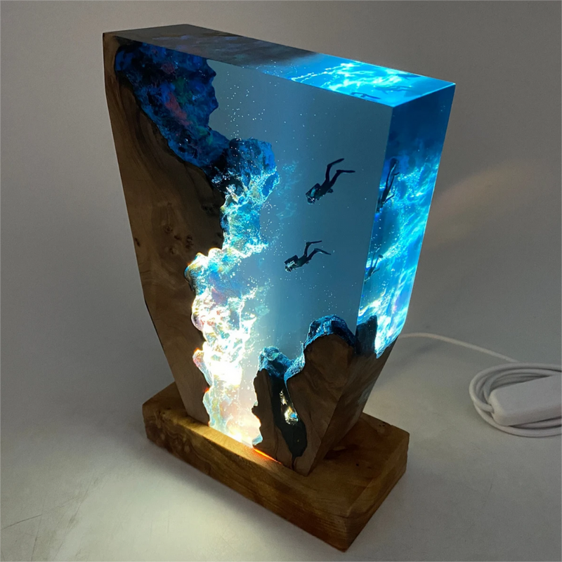 Wood and Resin Diving Scene Lamp with Integrated LED Lighting
