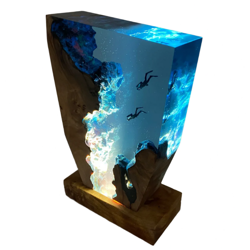 Wood and Resin Diving Scene Lamp with Integrated LED Lighting
