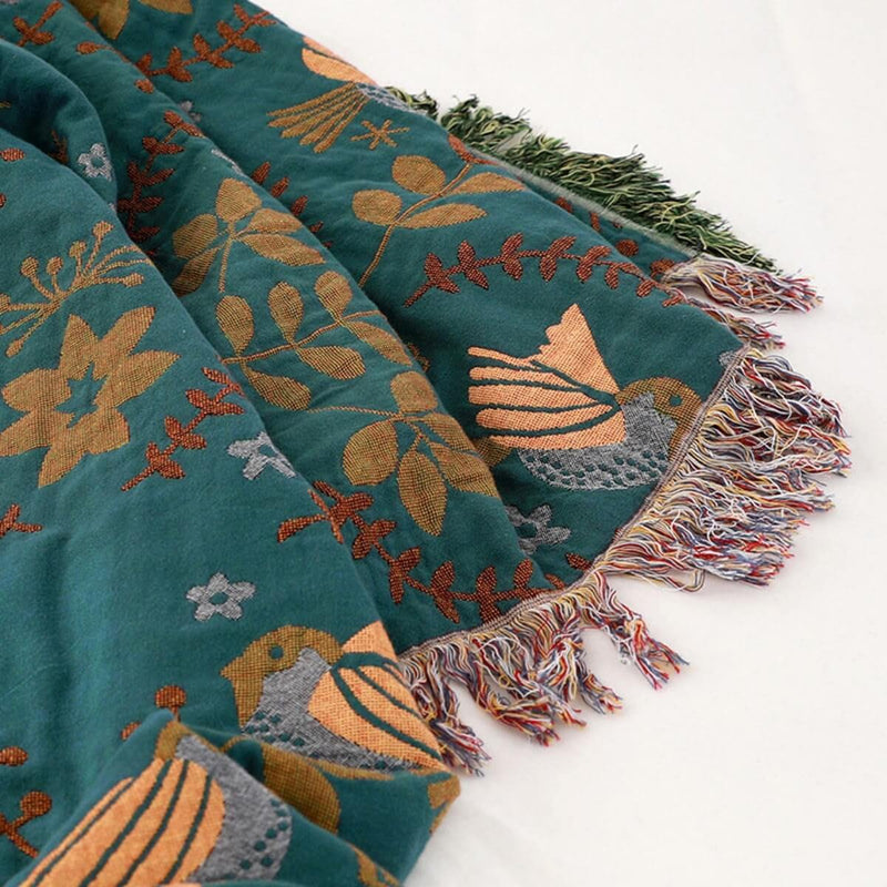 Reversible Cotton Throw with Scandinavian Bird and Floral Design